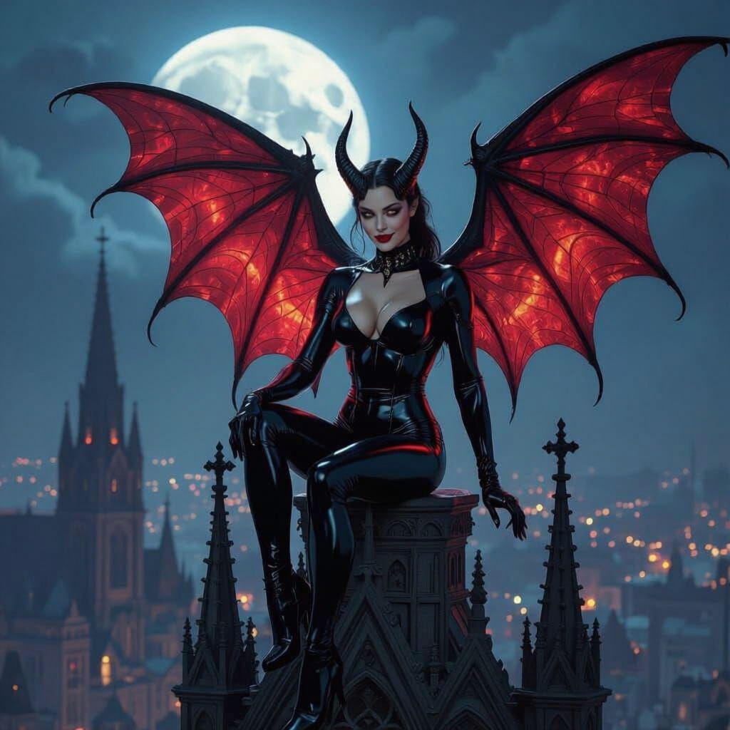 Latex Demon Fairy on Gothic Cathedral, Hyperdetailed