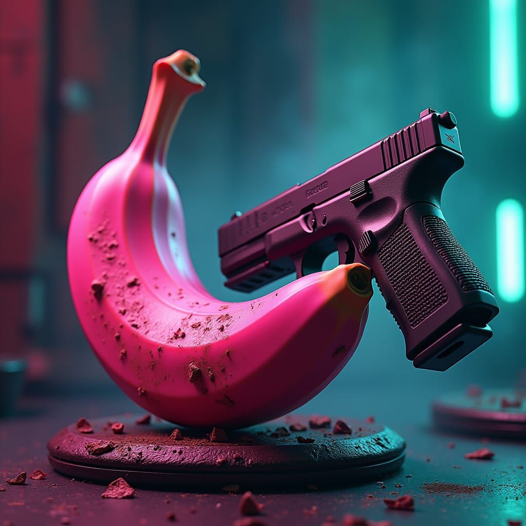 Stylized Pink Banana Wielding Glock, Dystopian Art
