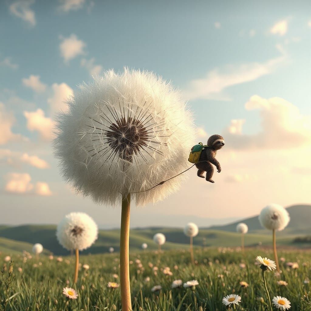 Sloths Drift Among Giant Dandelions in Surreal Sky