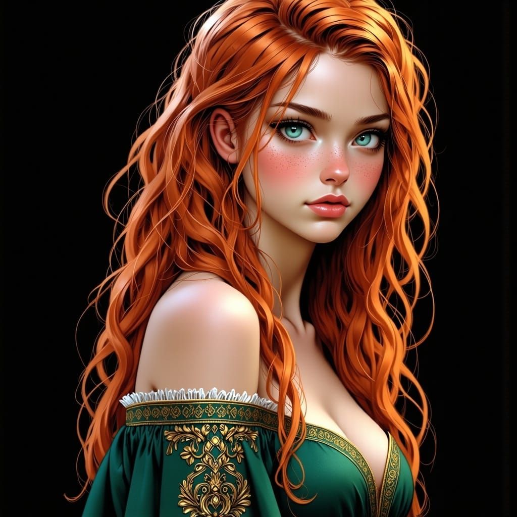Portrait of Woman with Red Hair in Digital Painting
