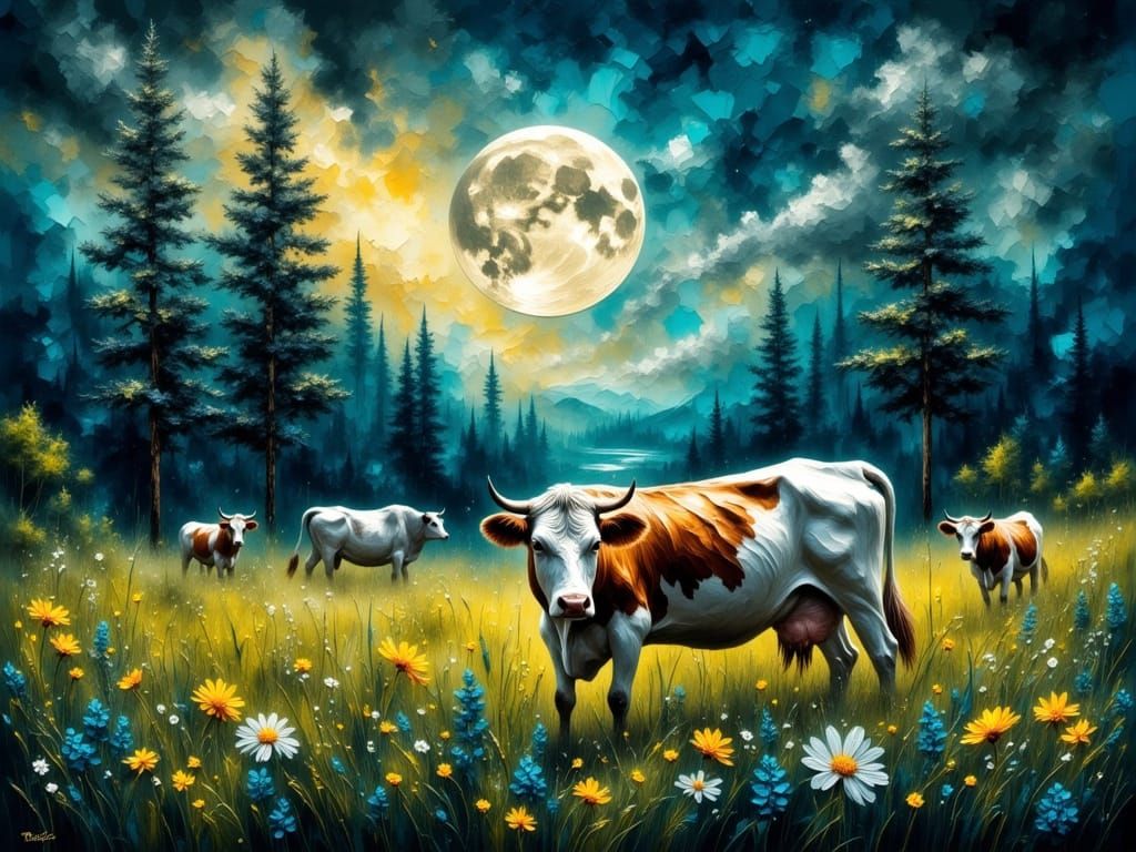 Majestic Cows in a Dreamy Moonlit Landscape