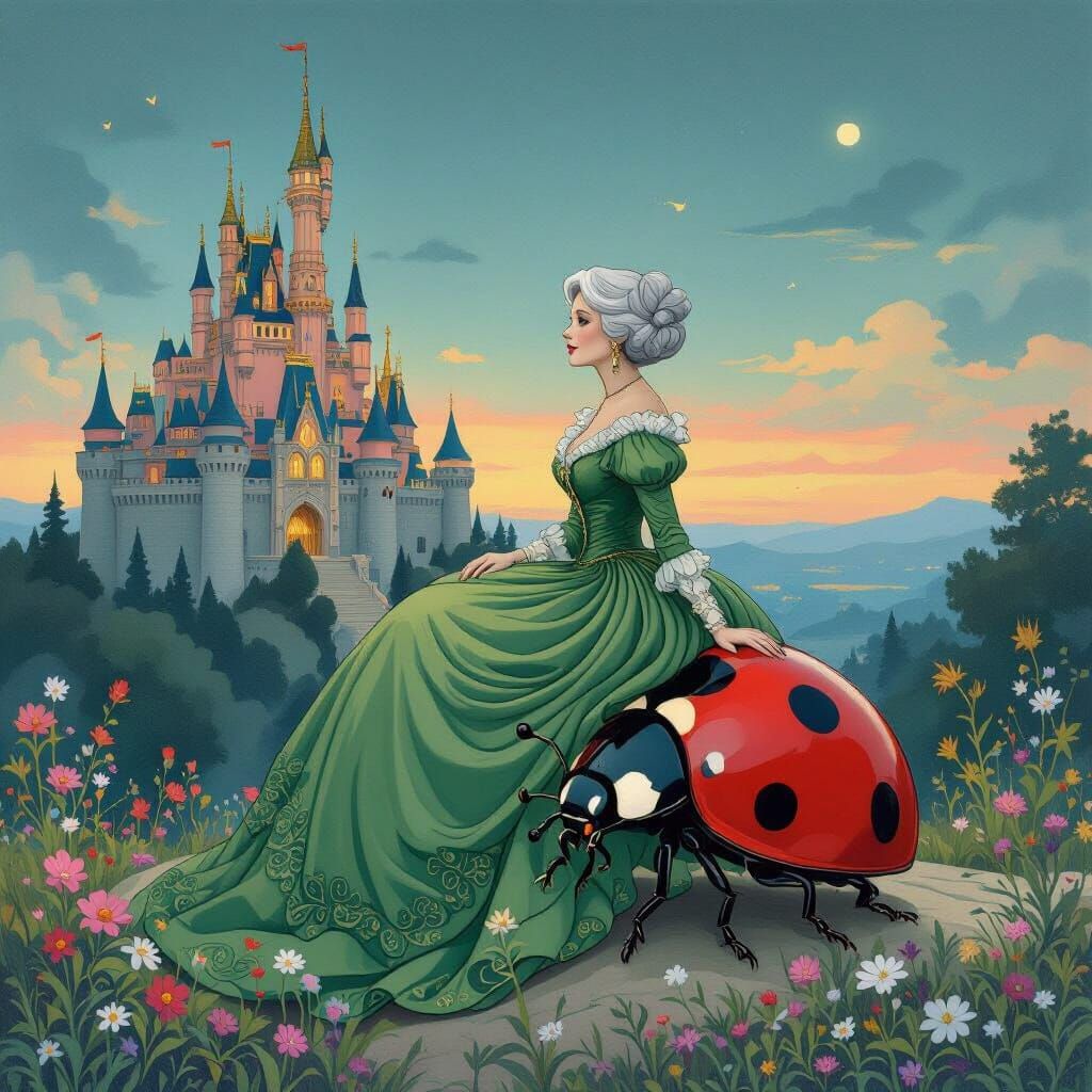 Whimsical Woman Rides Ladybug Towards Castle