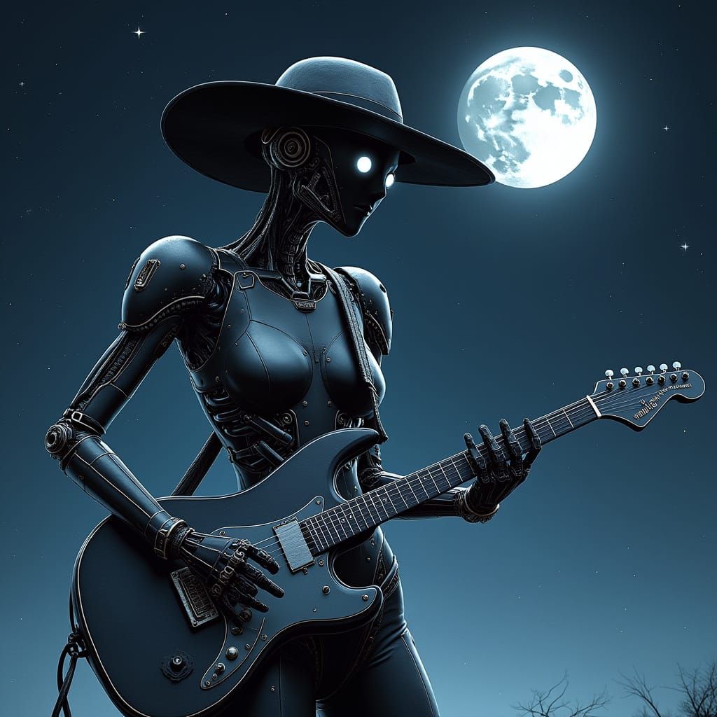 Steampunk Robot Musician Under Crescent Moon