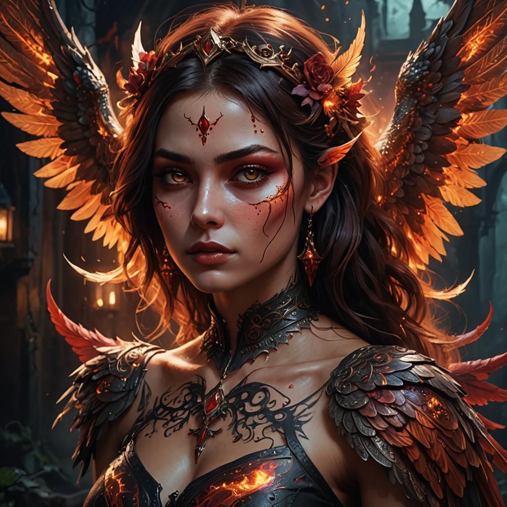 Luminous Dark Angel with Mystic Tattoo in Fantasy Art