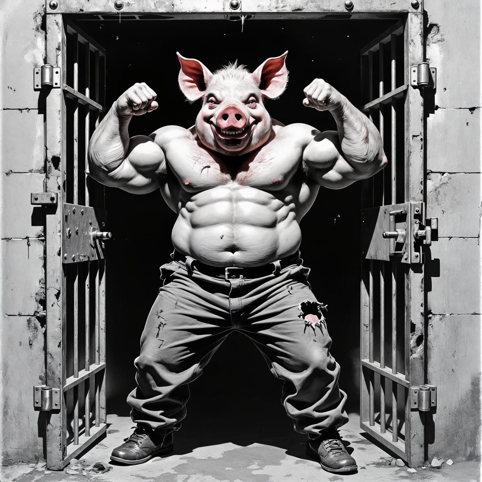 Pig-Headed Man Flexing in Prison Cell