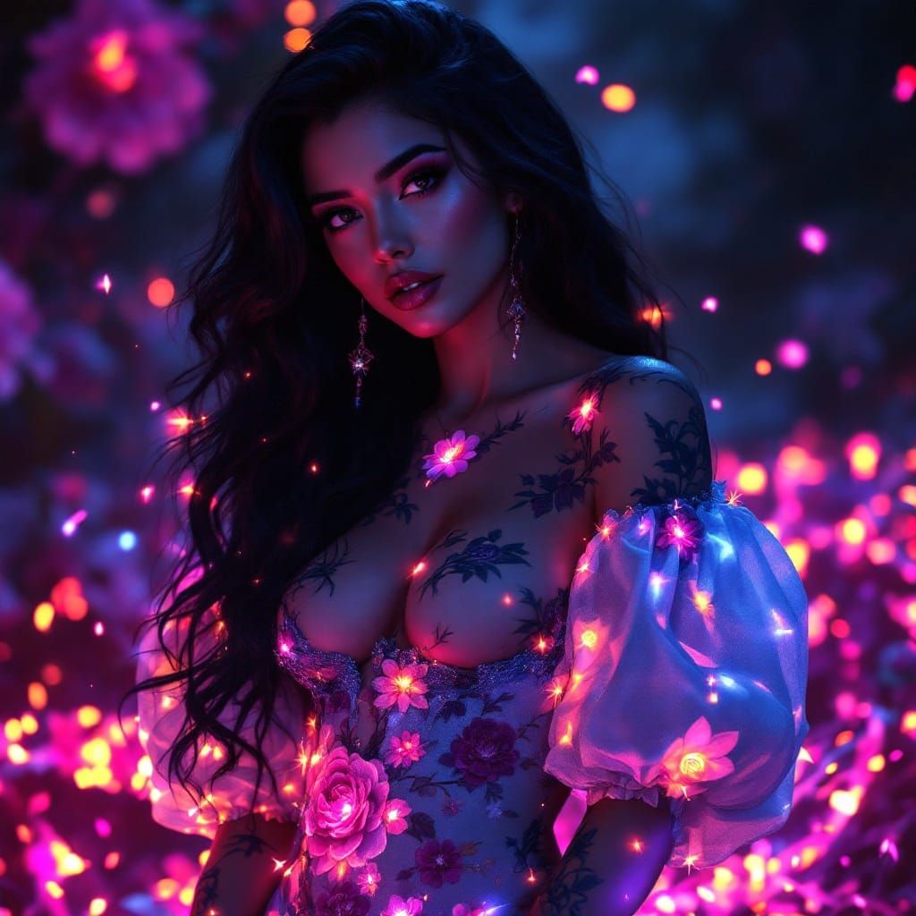 Goth Latina Goddess in Azure Floral Mini Dress with Biolumin...