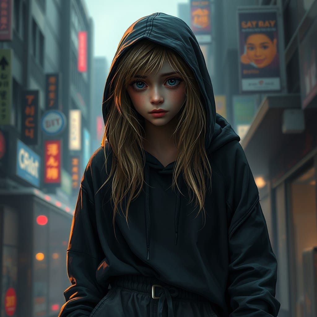 Scared Girl Hiding in City, Fantasy Concept Art