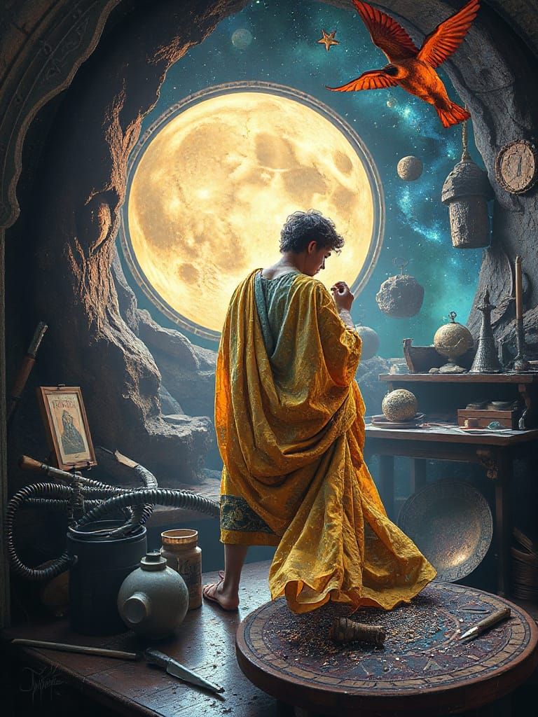 Celestial Sculptor Chiseling Constellations in Nebula Studio