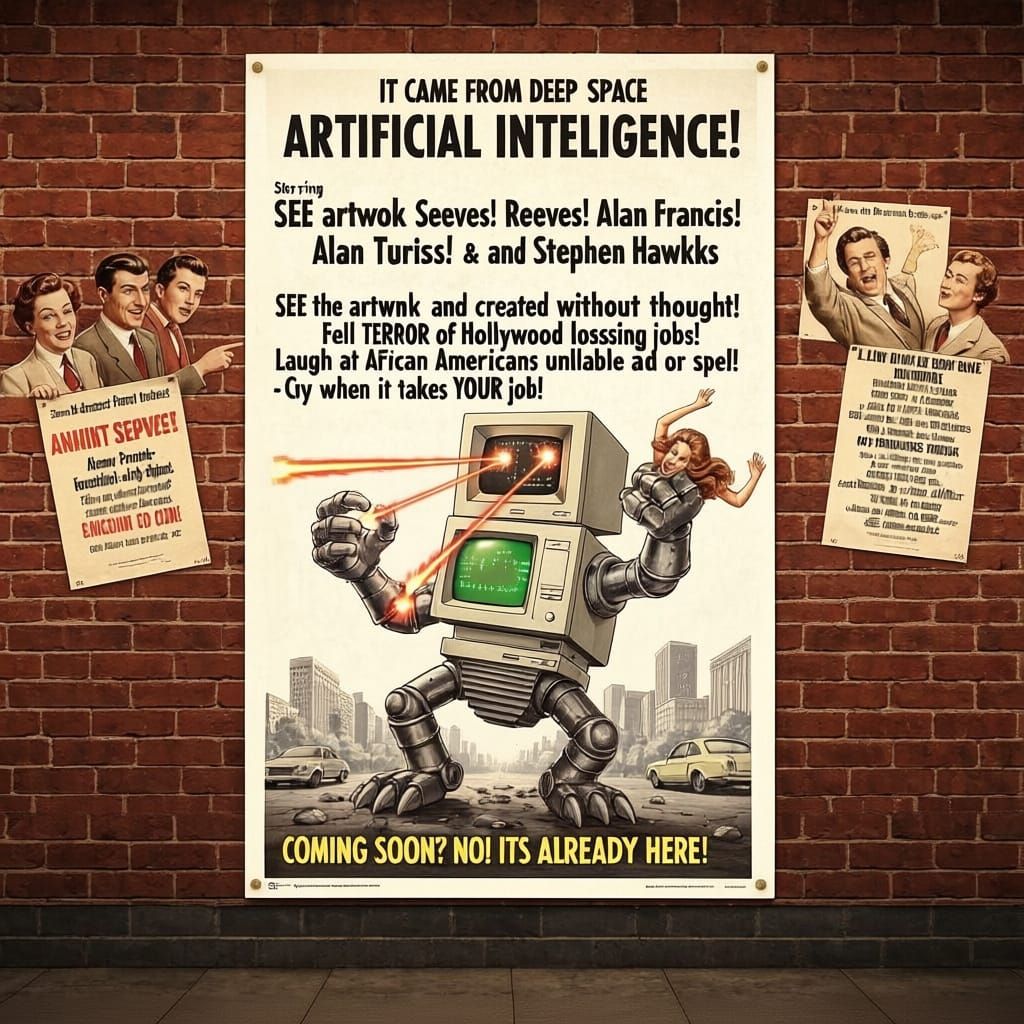 Vintage Sci-Fi Poster: AI Threatens Humanity