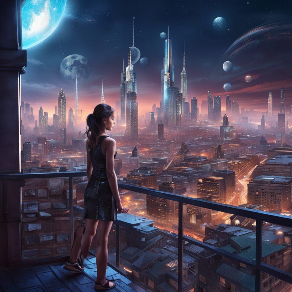 Sci-Fi Post-Apocalyptic Cityscape with Neon Sky