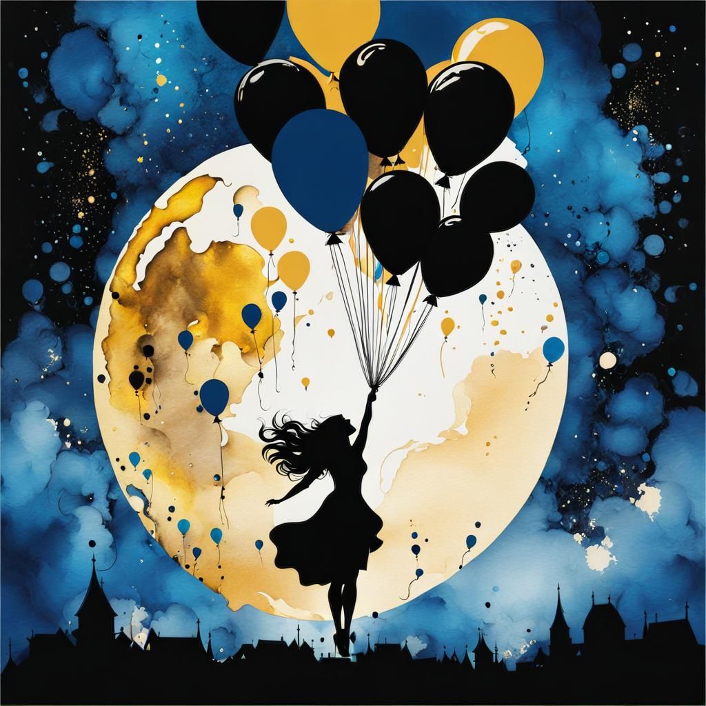 Woman Flying to the Moon: Ink Splatter Art