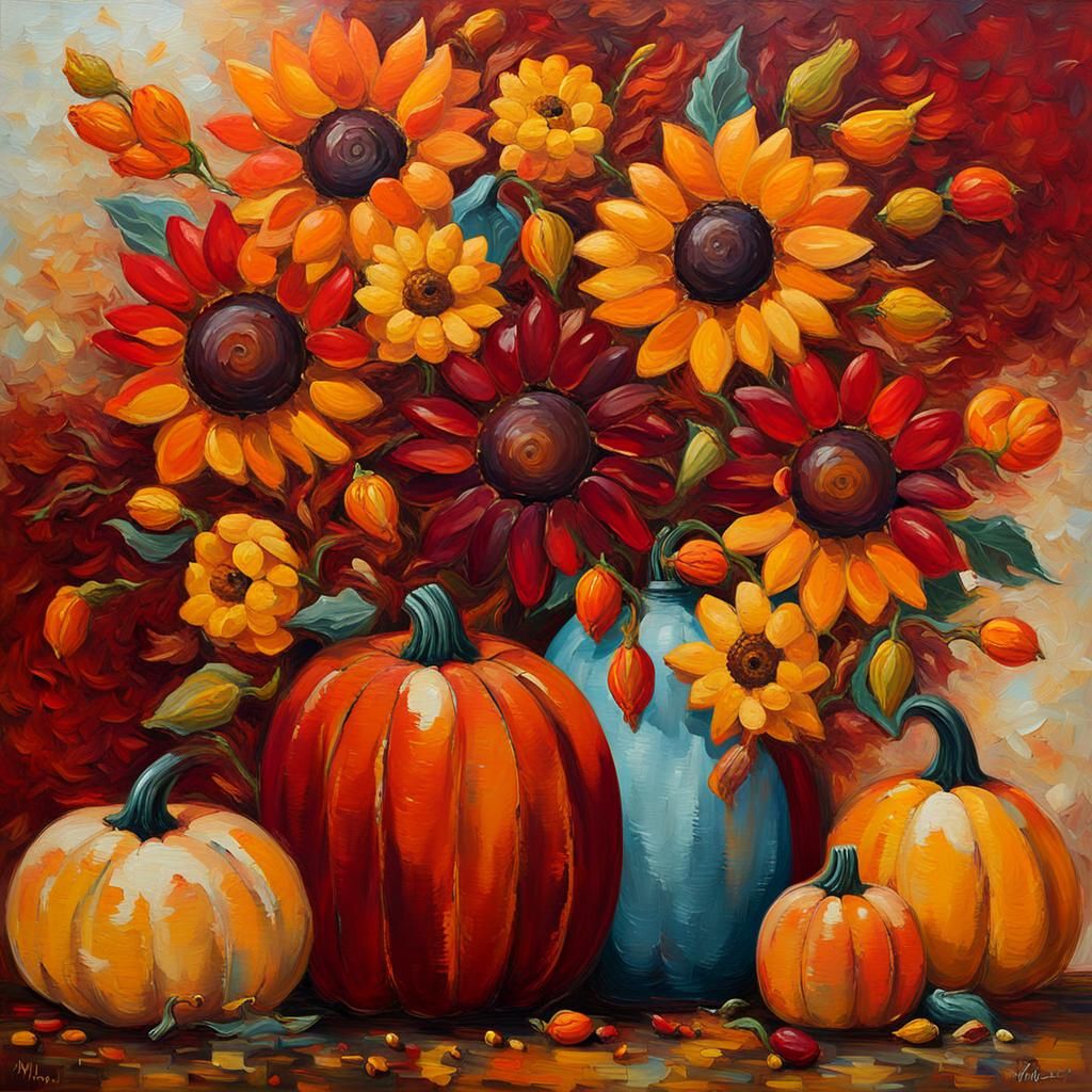 Impasto Fall Flower Vase with Pumpkins