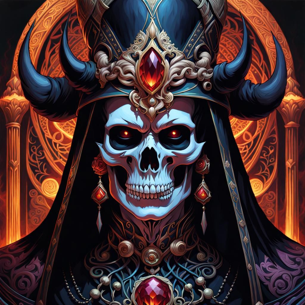 Gothic Skull Demon Sorcerer Portrait in Art Nouveau Style