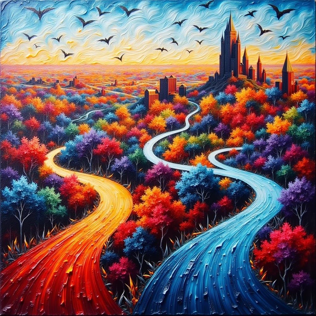 Interconnected Cities and Landscapes in Expressionist Style