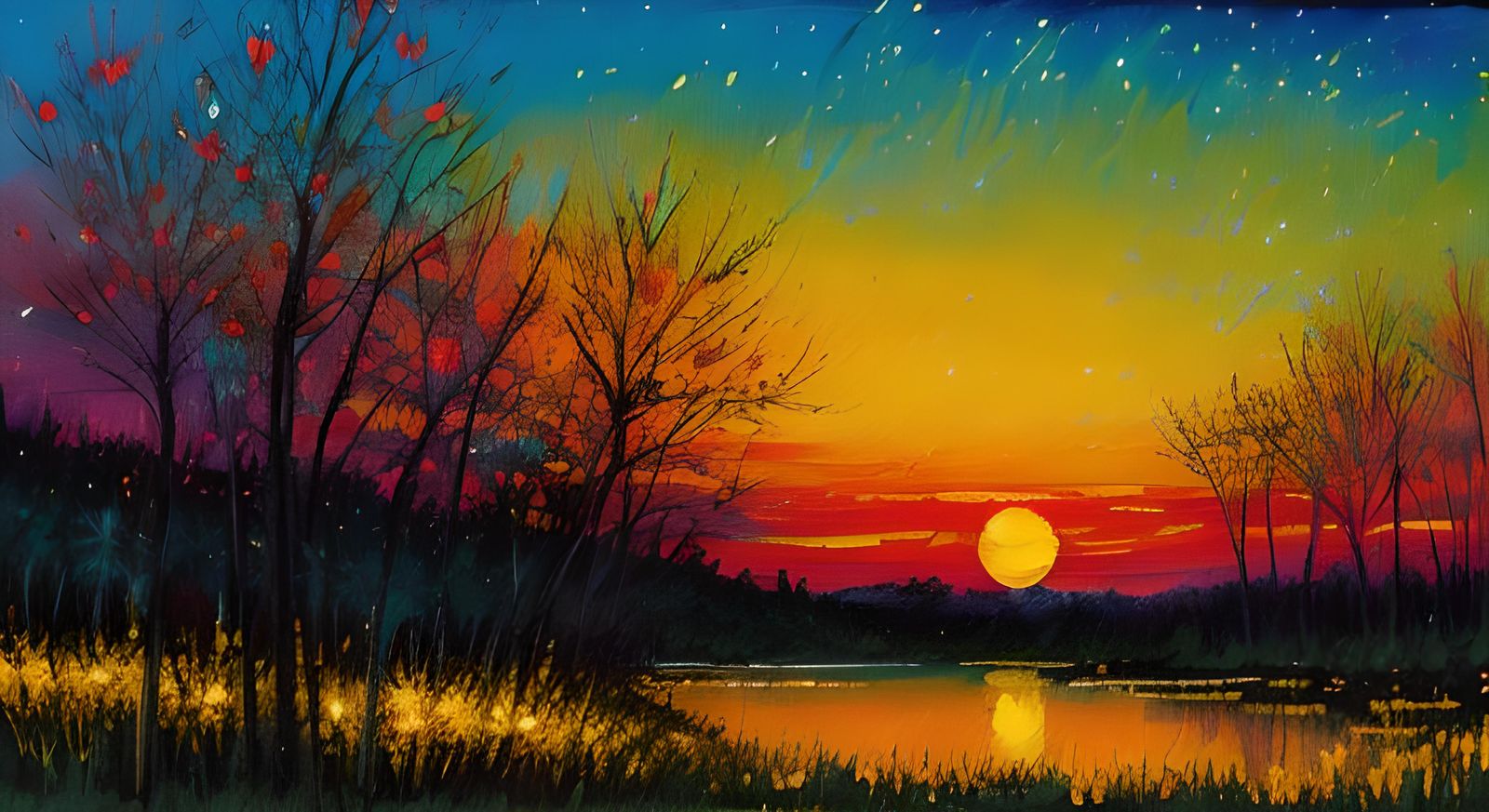 Impressionist Sunset with Fireflies in Bold Colors