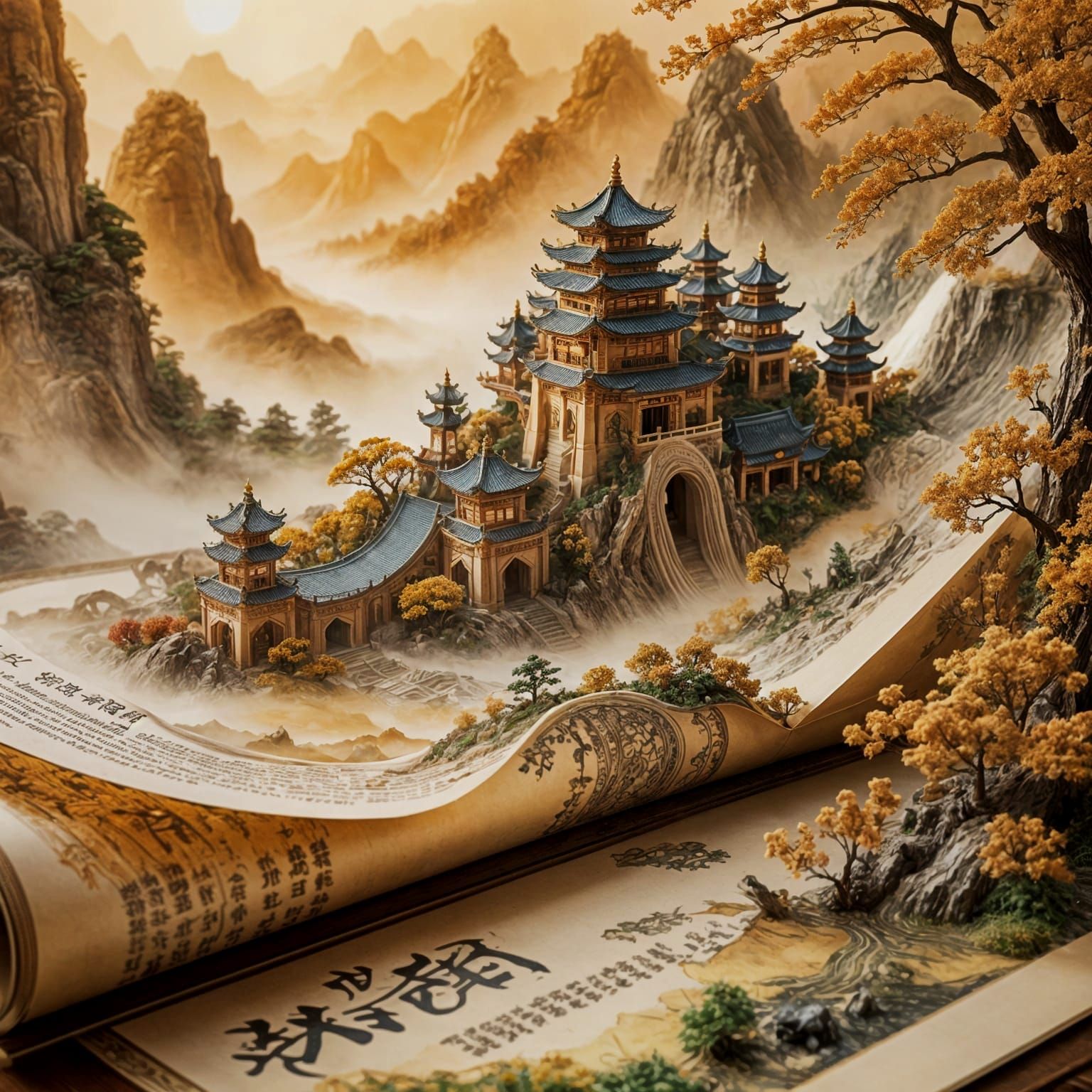 Ornate Scroll Unveiling a Miniature Chinese Landscape