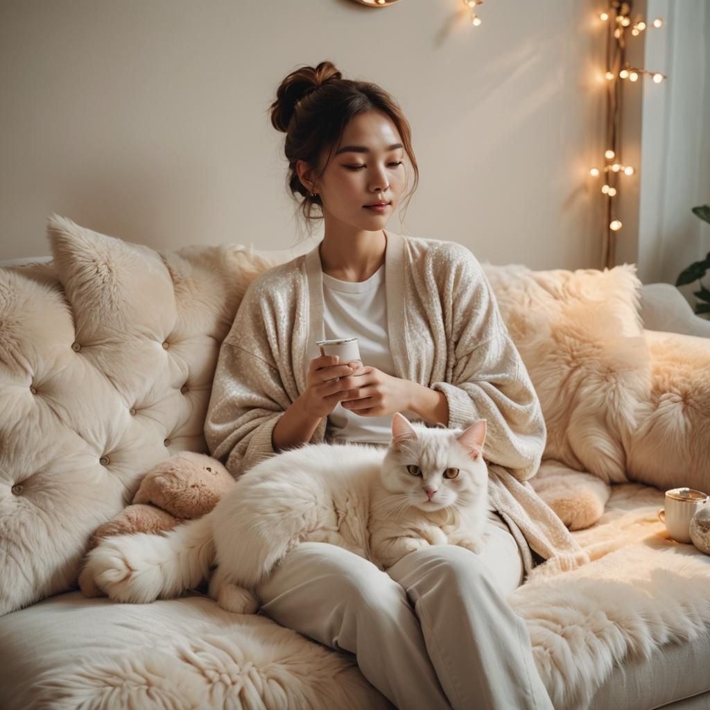 Luxurious Interior: Pampering a Fluffy White Cat