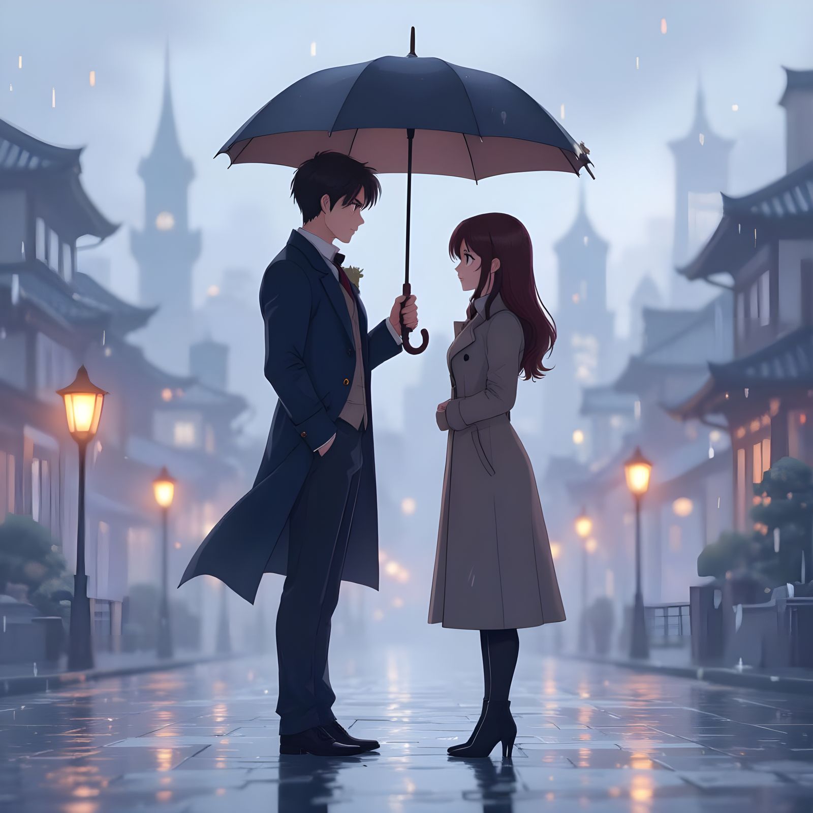 Anime-Style Couple with Umbrella in Cel-Shading