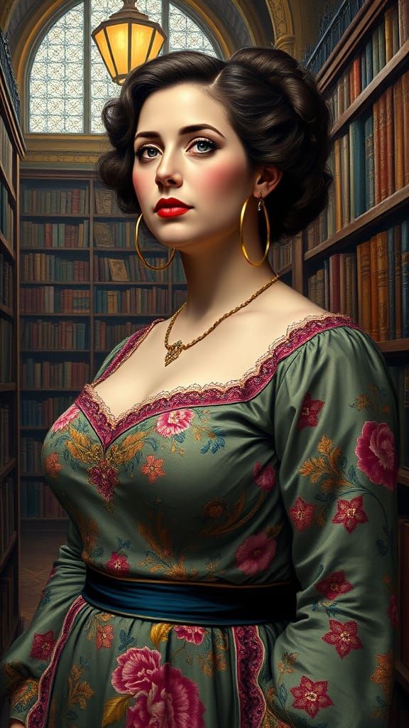 Victorian Woman in Library: Polychromatic Oil Painting