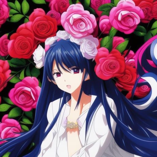 Anime character sitting in a bunch of roses