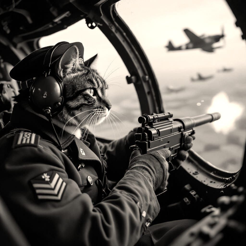 Cat Gunner in B-17 Ball Turret Fires at Enemy Planes