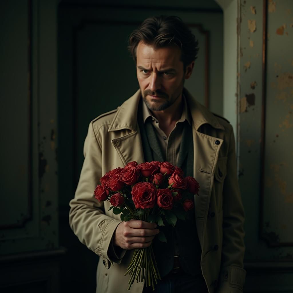 Man in Straightjacket Holding Roses, Cinematic Film Still