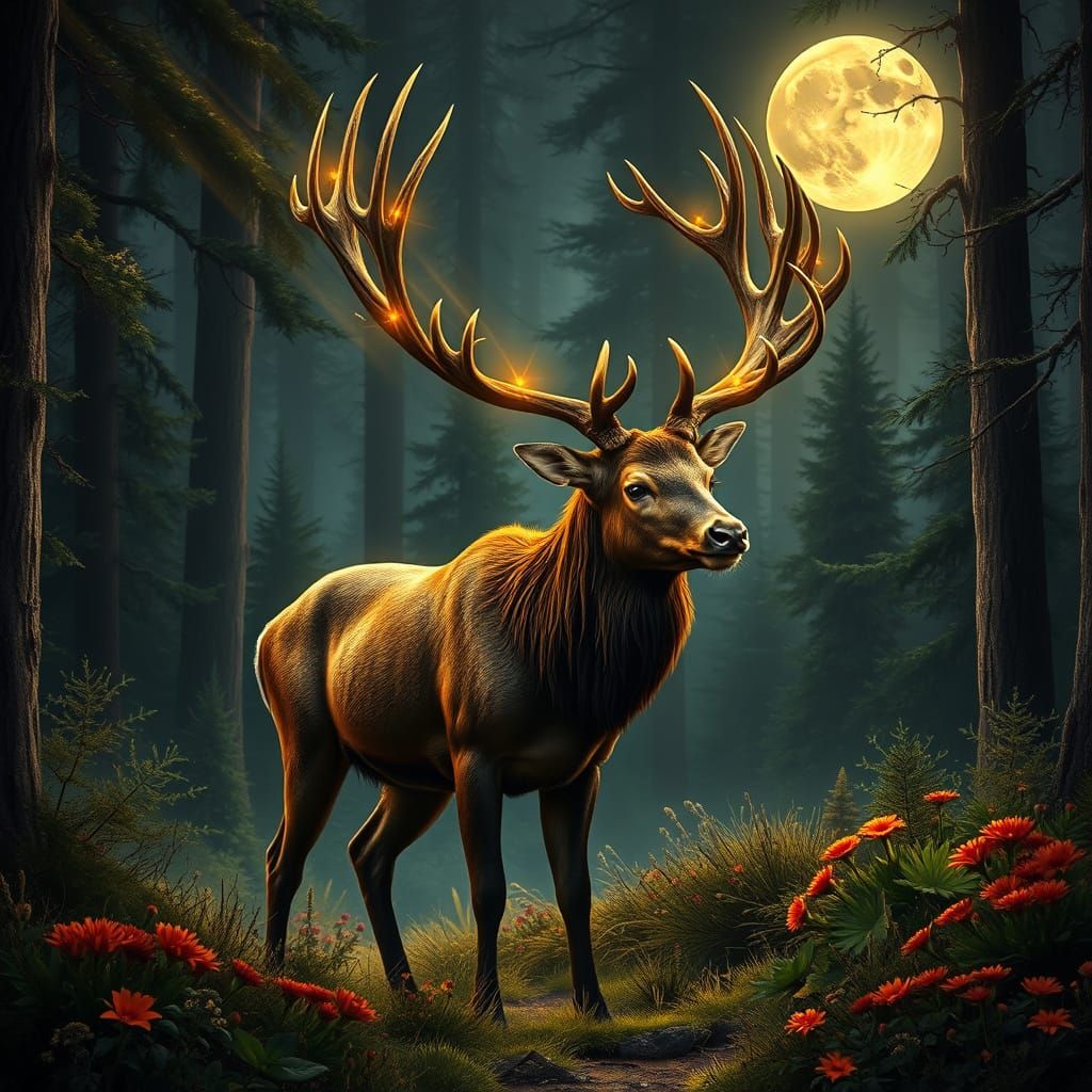 Stag with Fireflies in Moonlit Forest Clearing