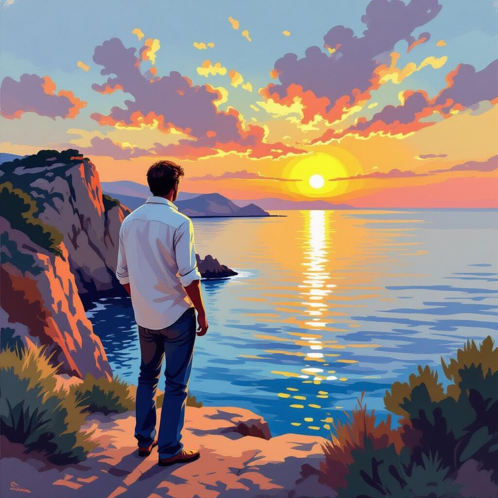 Sardinian Cove Sunset in Classic Travel Poster Style