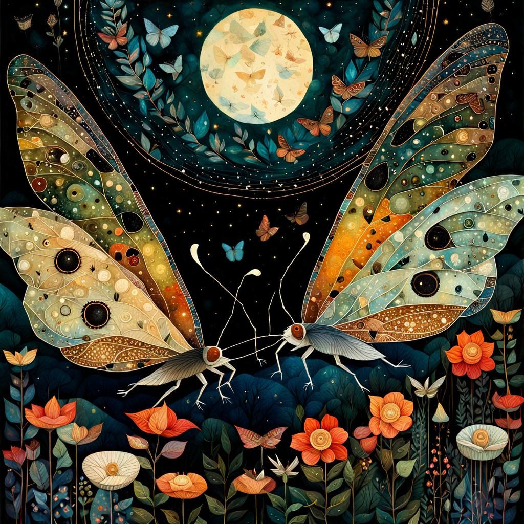 Moths Fluttering at Night in Whimsical Folk Art