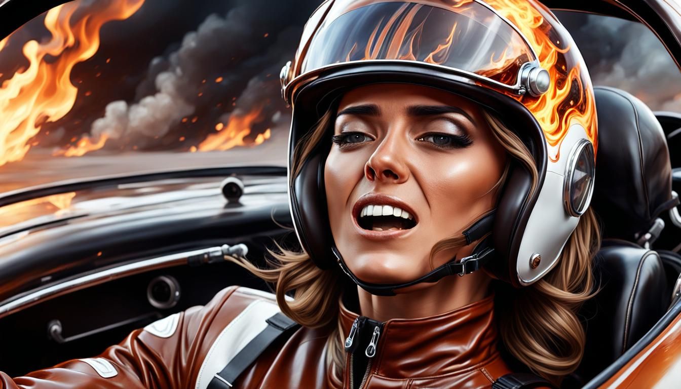 Girl in Burning Race Car: Hyperrealistic Splash Art