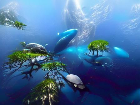 Underwater Forest Scene with Whales and Turtles