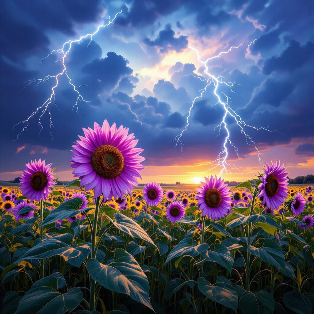 Purple Sunflowers Under a Thunderstorm Sky