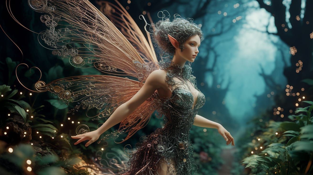Steampunk Fairy with Metal Wire Wings in Bioluminescent Fore...