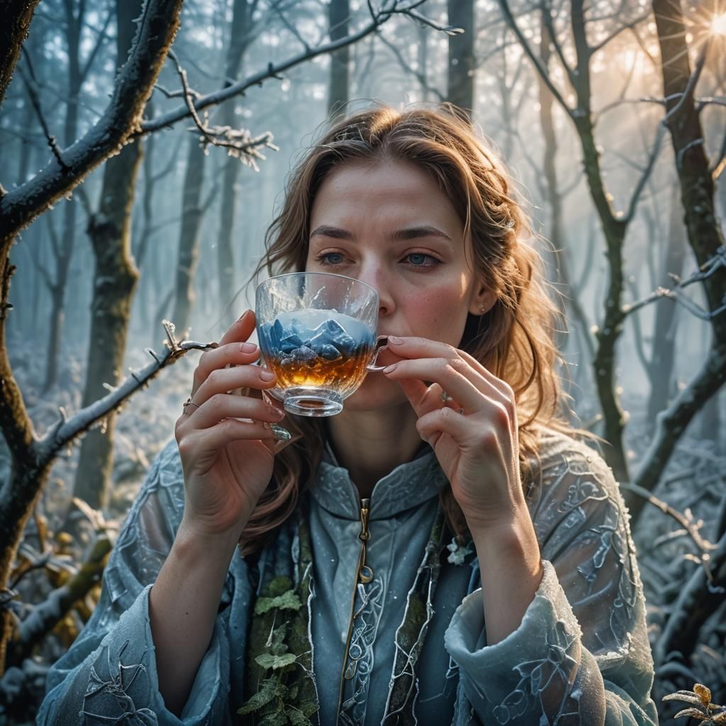 Iced Tea Sip in a Misty Forest, Hyperrealistic