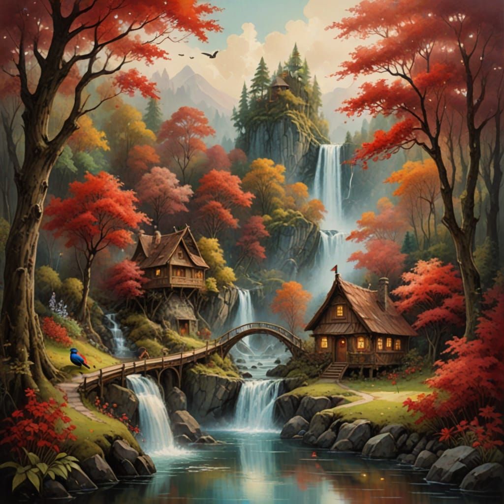 Whimsical Forest Landscape in Grainy Mixed Media Style