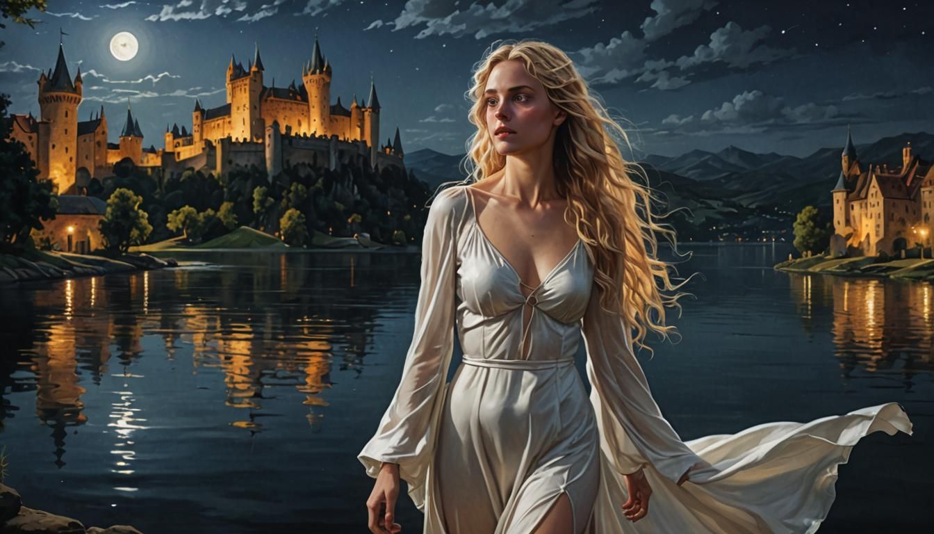 Hyperrealistic Woman at Lake Under Moonlight