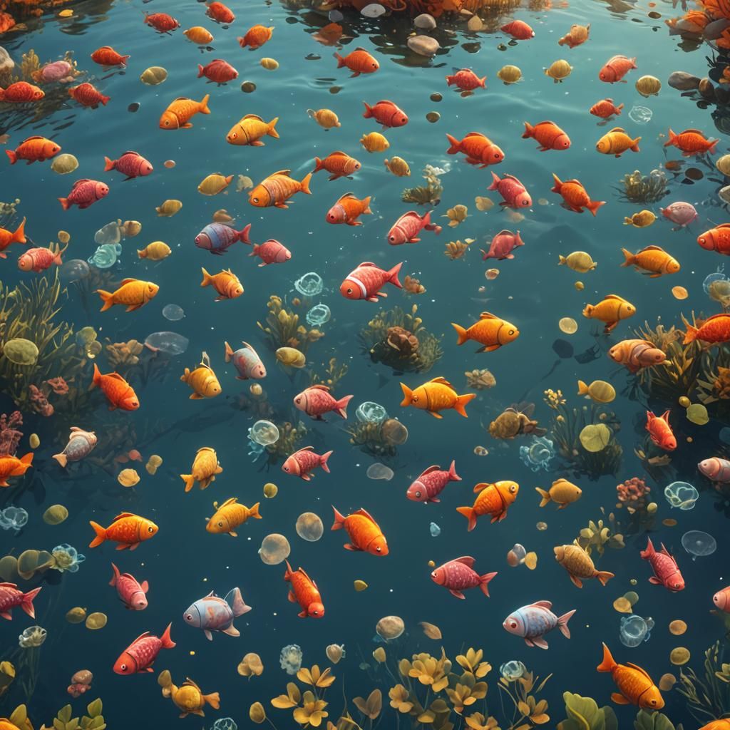 Cute Cartoon Fish in Clear Autumn Lake