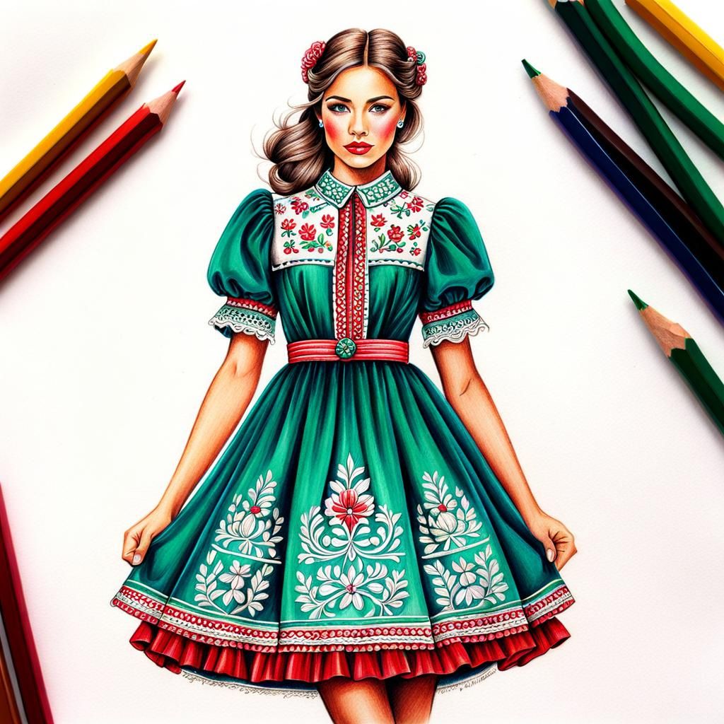 Fashion Design Sketch: Hungarian-Inspired Girl's Dress