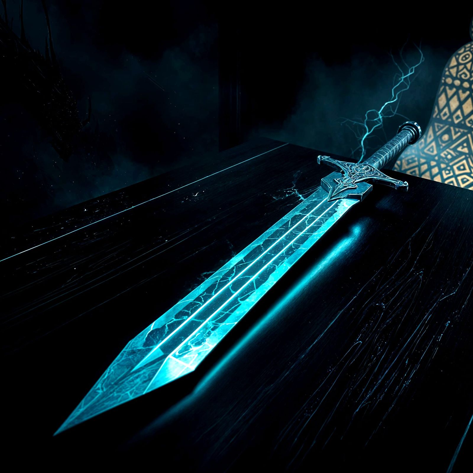 Ethereal Dark Fantasy Longsword on Blackwood Table