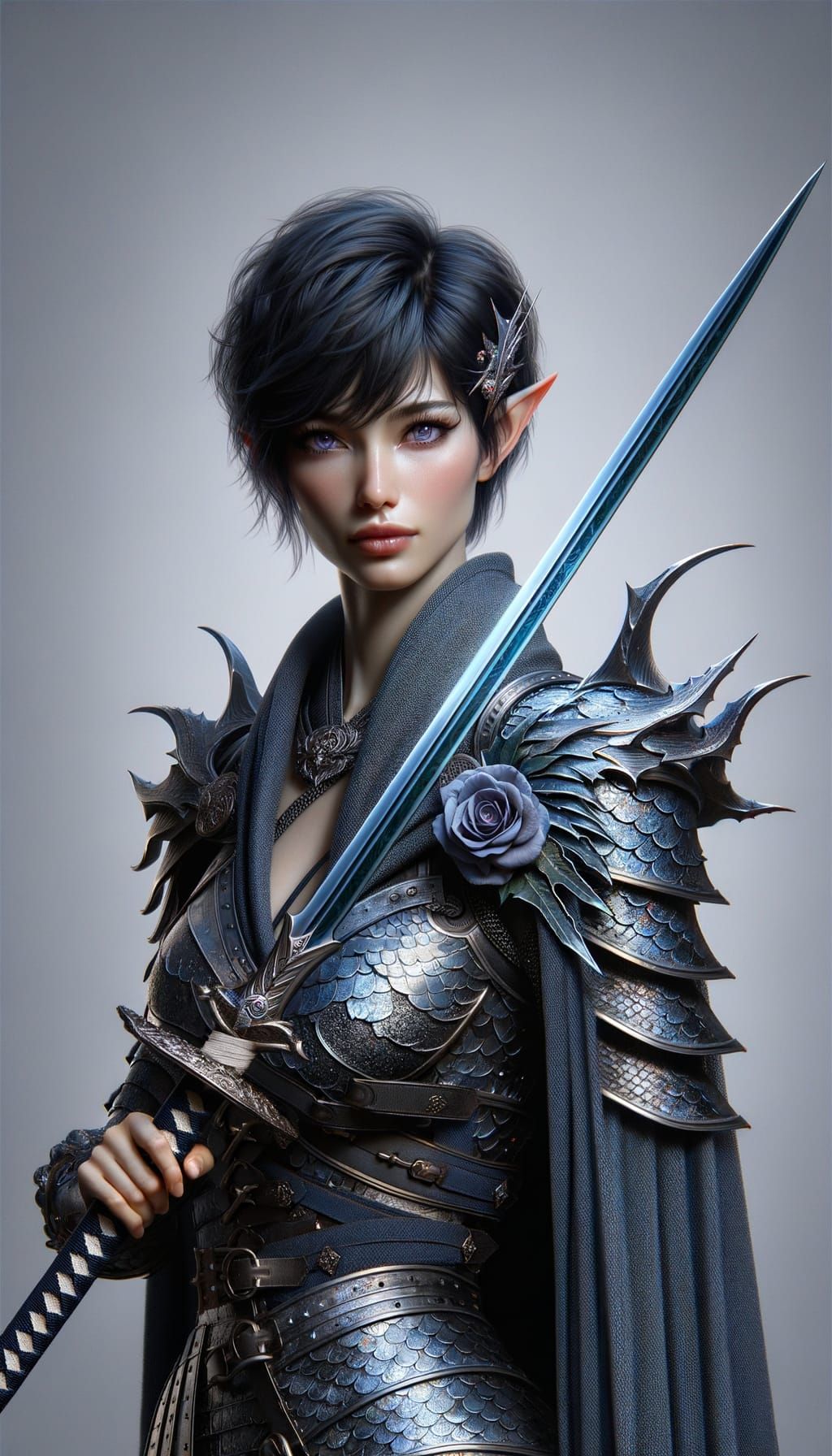 Dragonscale Elf Warrior with Katana: Medieval Painting