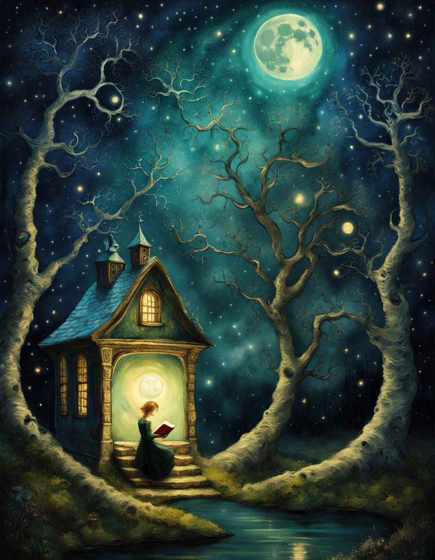 Enchanted Lunar Library in Oil Painting Style