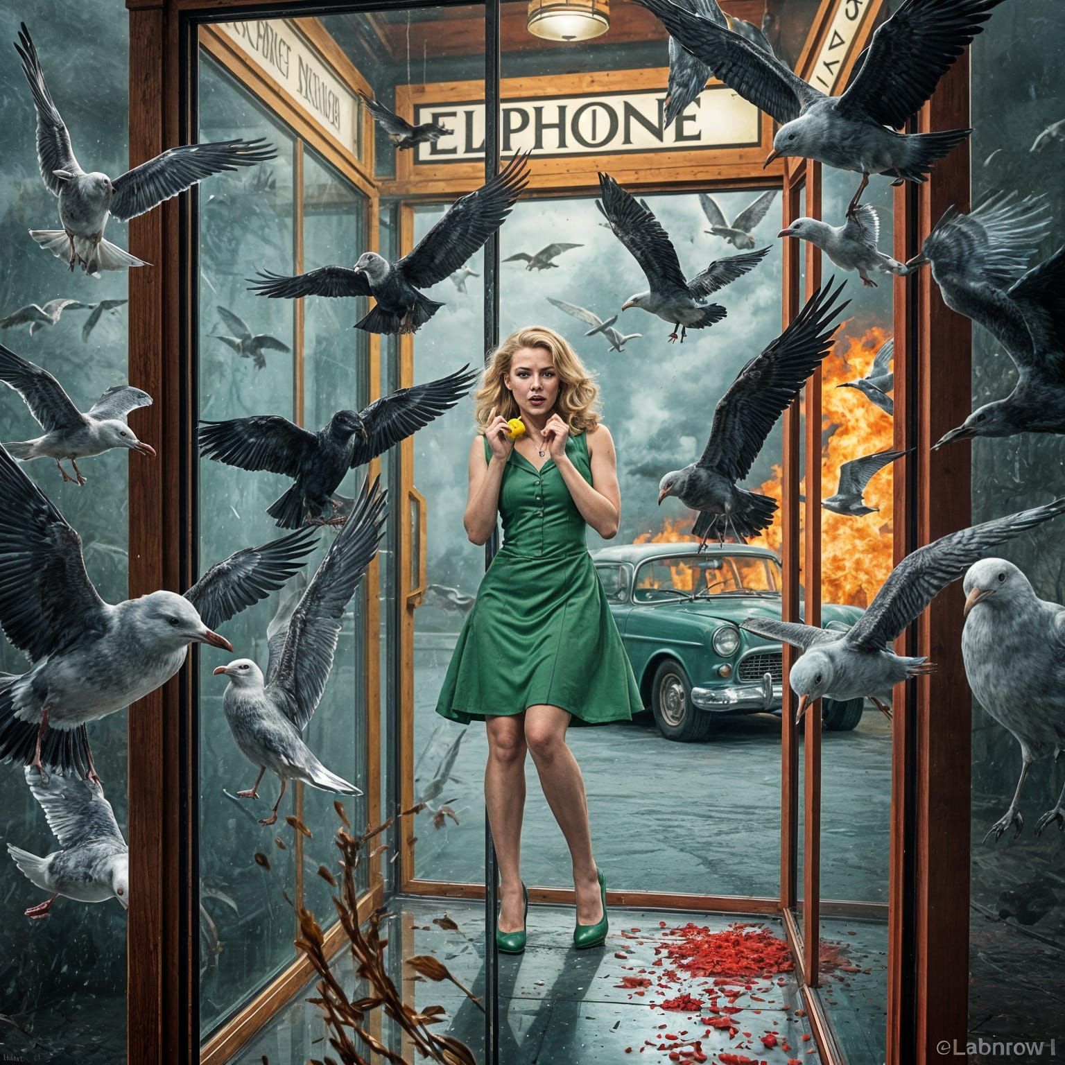 Seagulls and Ravens Attack 1955 Chevrolet in Retro Horror St...