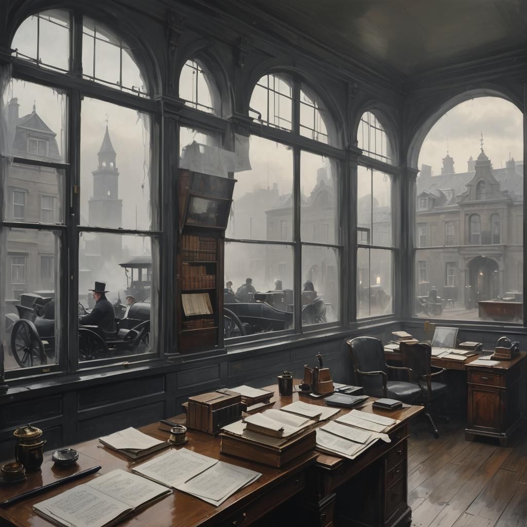 Elegant Study Room Overlooking Foggy Street