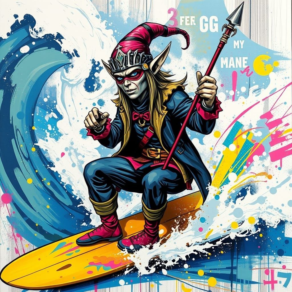 Punk Rock Elf Surfer in Vibrant Graffiti Style