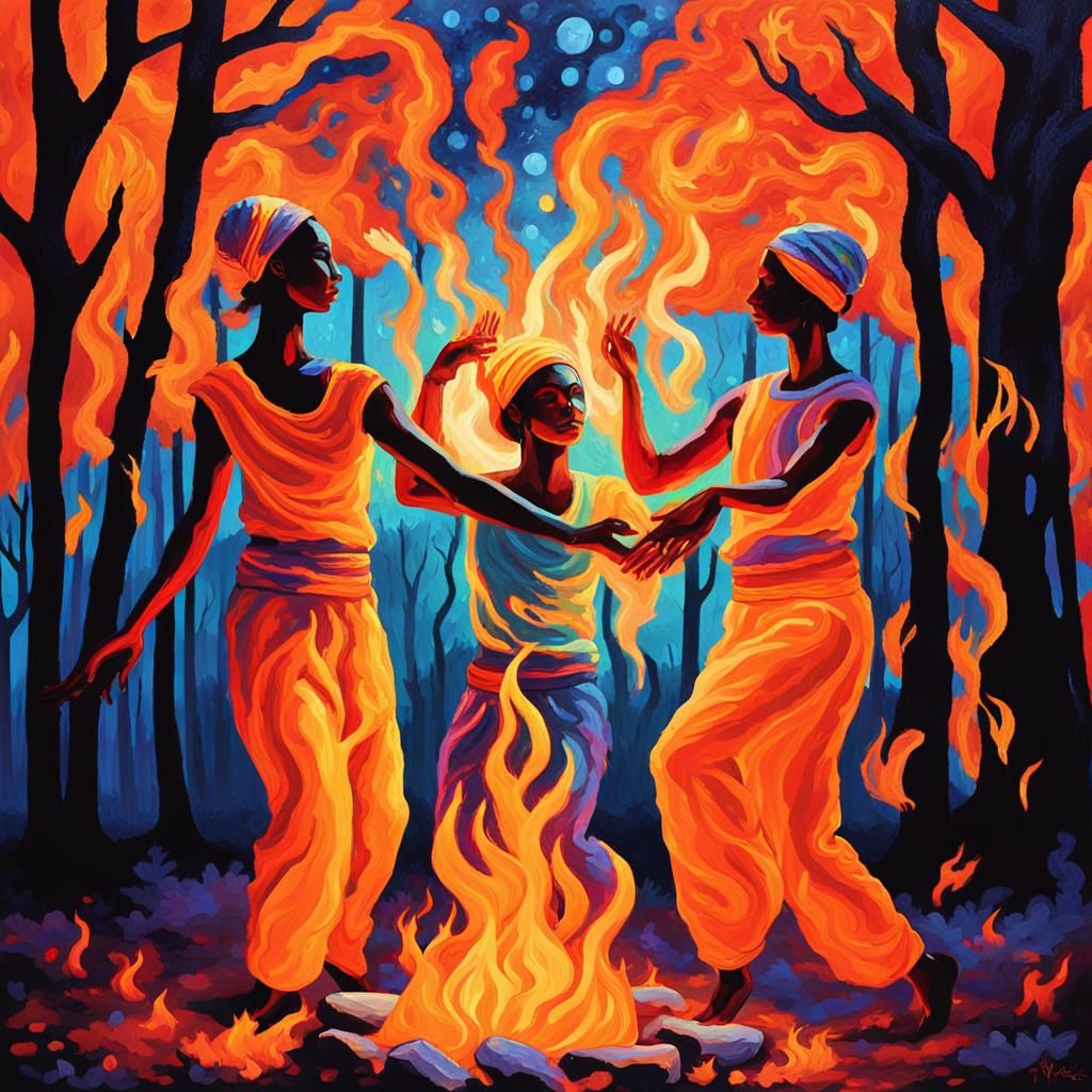 Kundalini Dancers in Woods: Vibrant Expressionist Fauvism