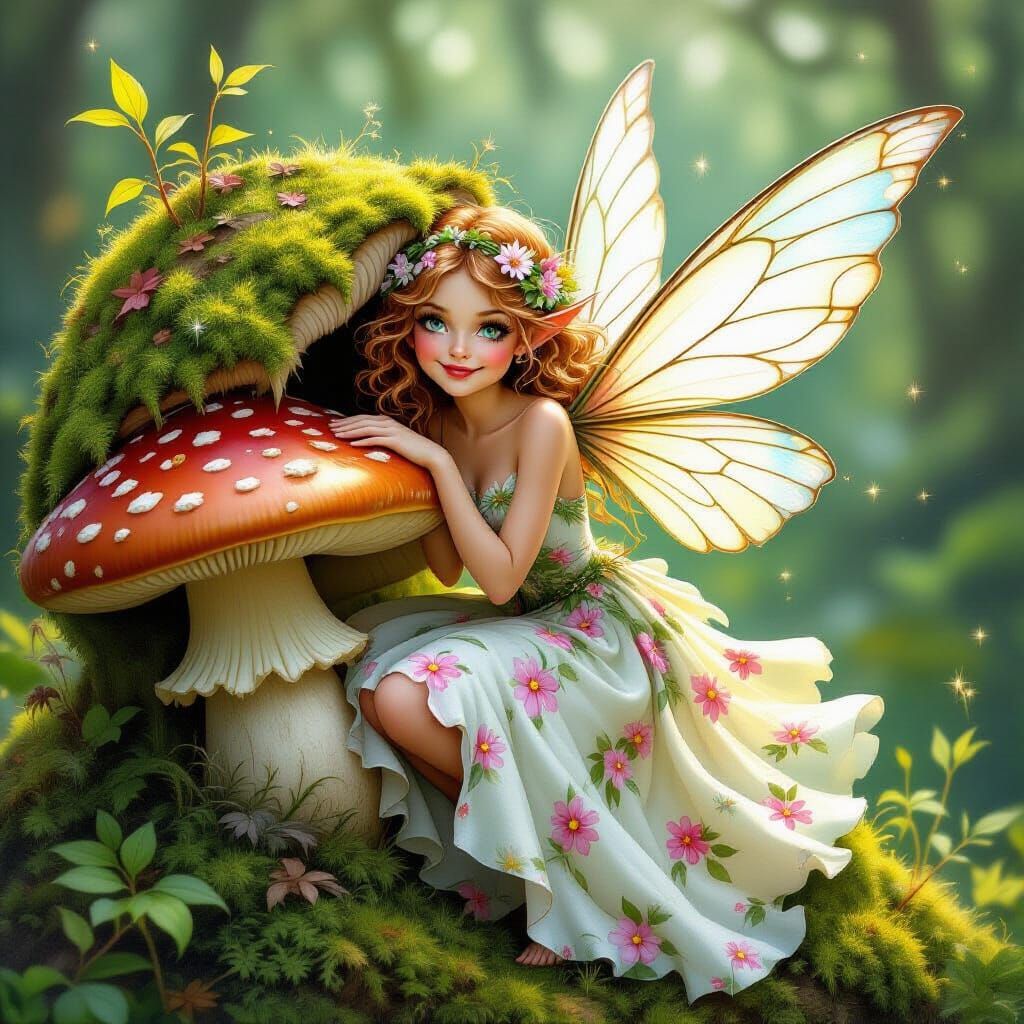Whimsical Fairy Peeking from Mushroom, Fantasy Art