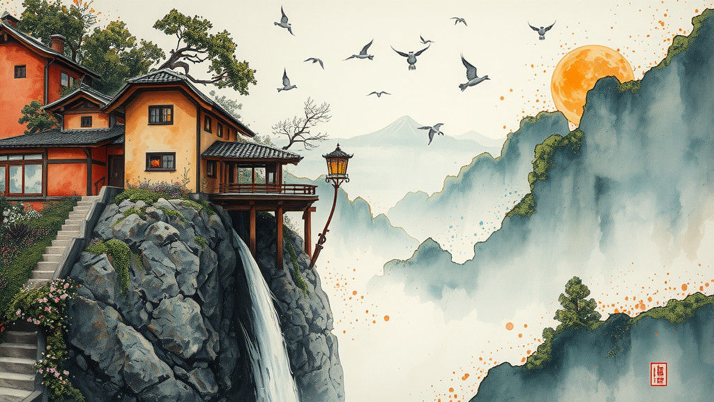 Surreal Floating Sushi Landscape in Ink Splatter Art