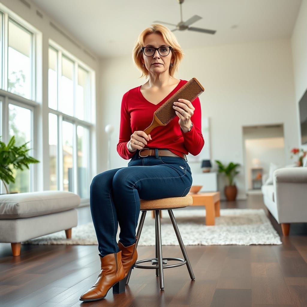 Realistic Portrait of Woman with Hairbrush in Living Room