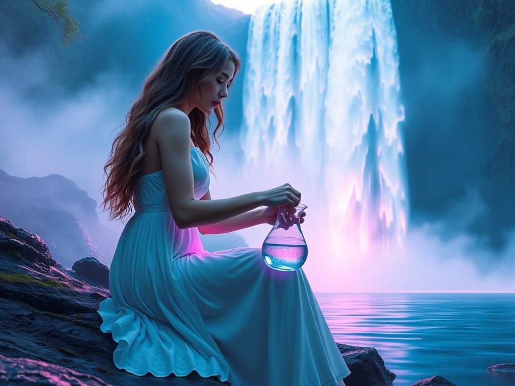 Woman by Waterfall with Fractal Mist in Hyperrealism