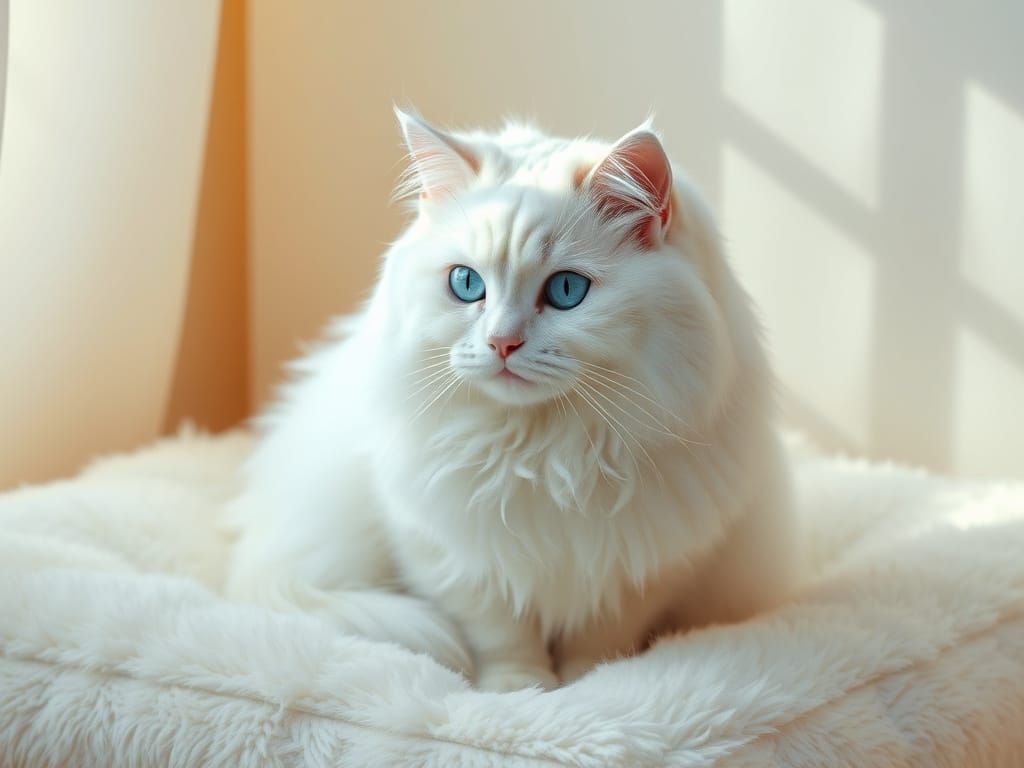 Majestic Fluffy White Cat in Serene Still Life